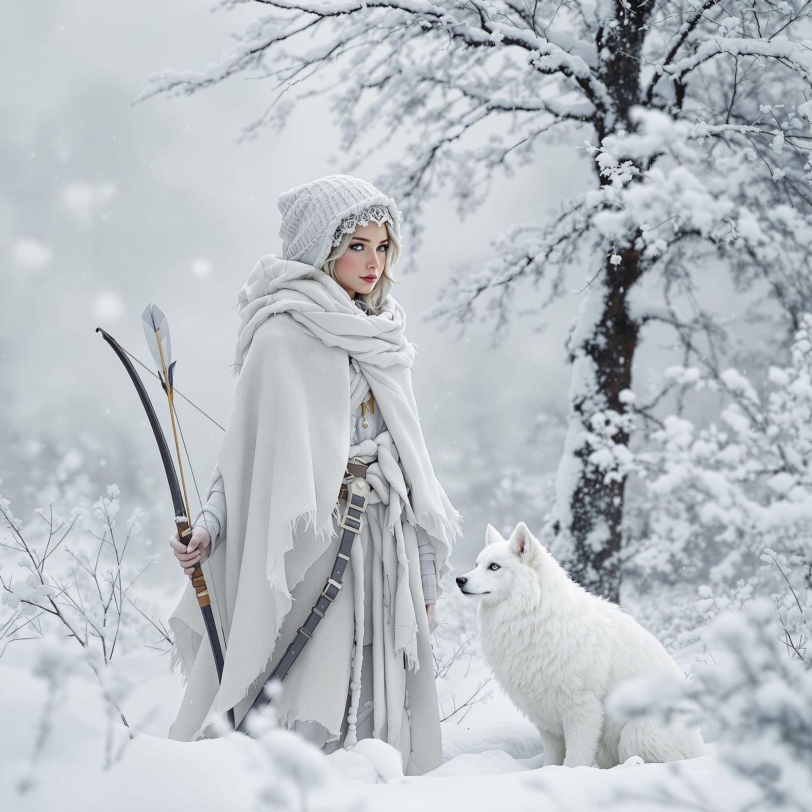 White Winter Scene With Forest Girl and Wolf