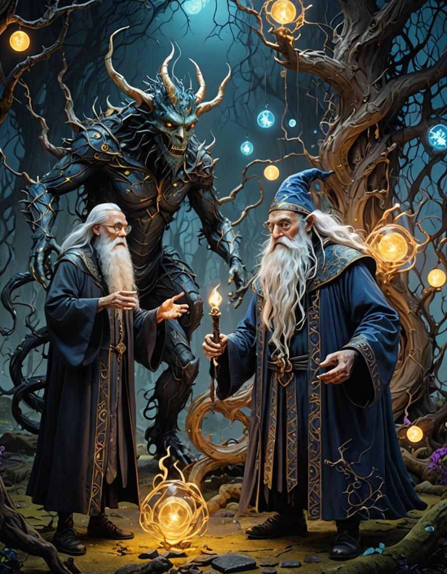 Wizards Summoning Monster Genie in Aetherpunk Style