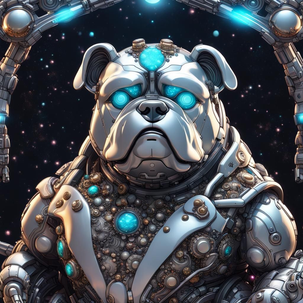 Opalescent Cyborg Bear-Bulldog in Hyperspace, Hyperrealistic