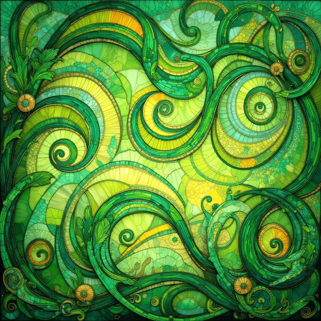 Lush Green Art Nouveau Botanical Tapestry