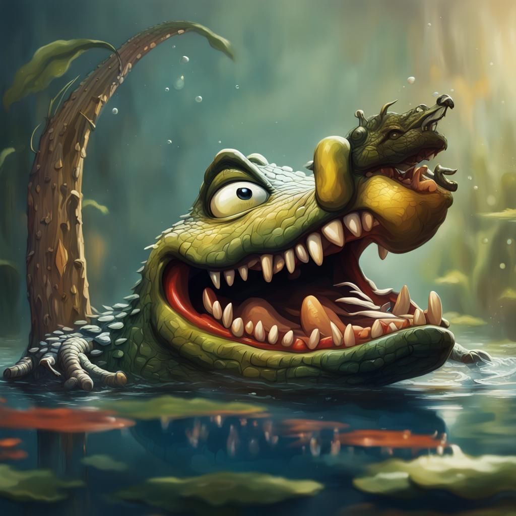 Pinocchio and Alligator in Hyperrealistic Splash Art
