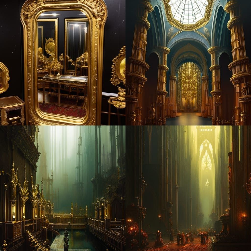 Dark Fantasy Hall of Mirrors in Gouache Style