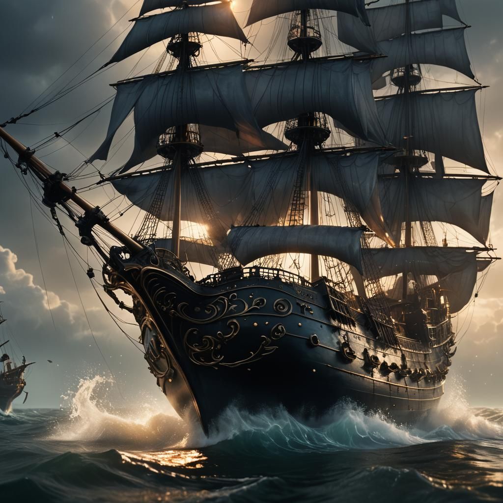 Black Pearl Ship in Glass Container: Cinematic Digital Art