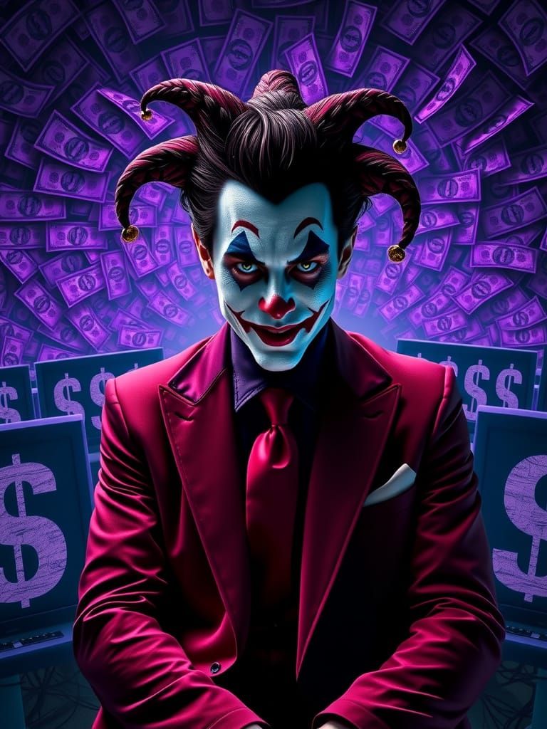 Surreal Portrait of a Greedy Jester in a Mosaic of Dollar Bi...