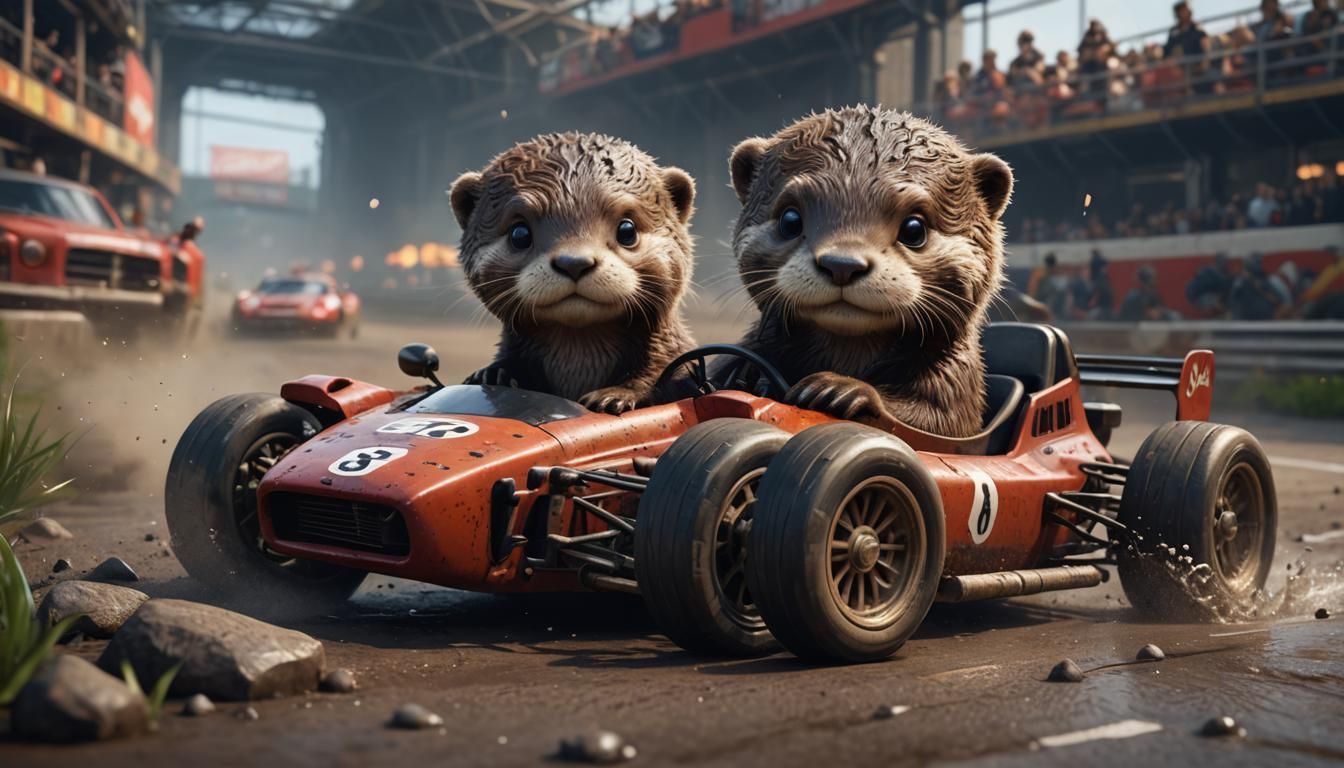 Adorable Otter in Race Car: Detailed Matte Painting