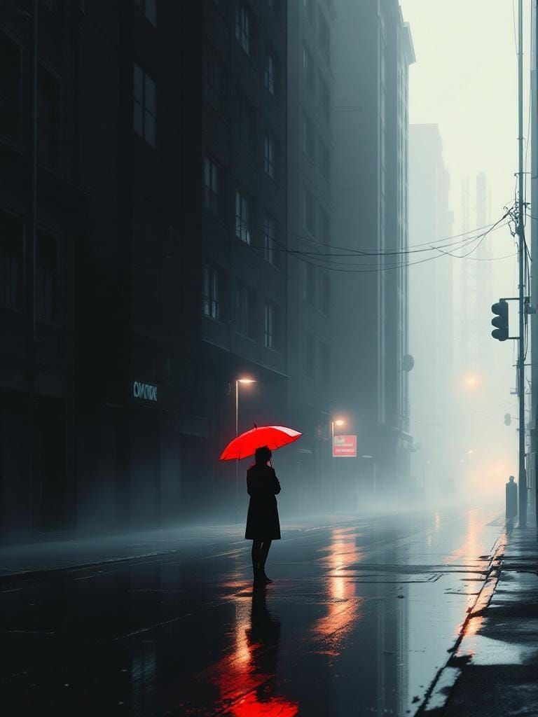 Lone Figure in Foggy Cityscape: Digital Art