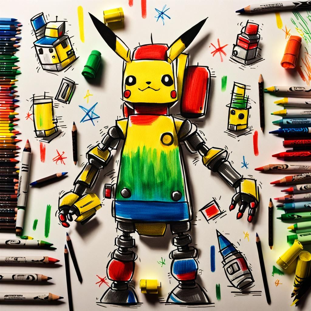 Pikachu Robot in Crayon Drawing Style