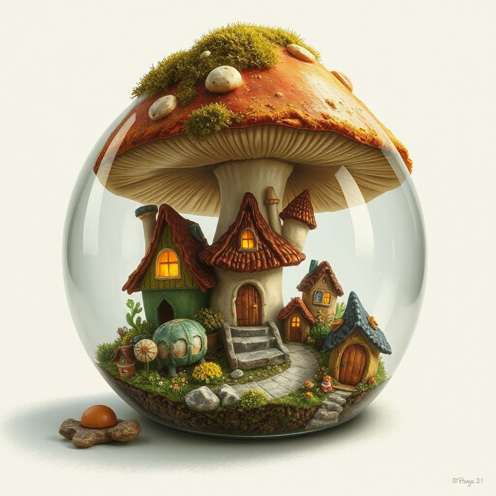 Gnome Village in Mushroom Snow Globe, Storybook Art