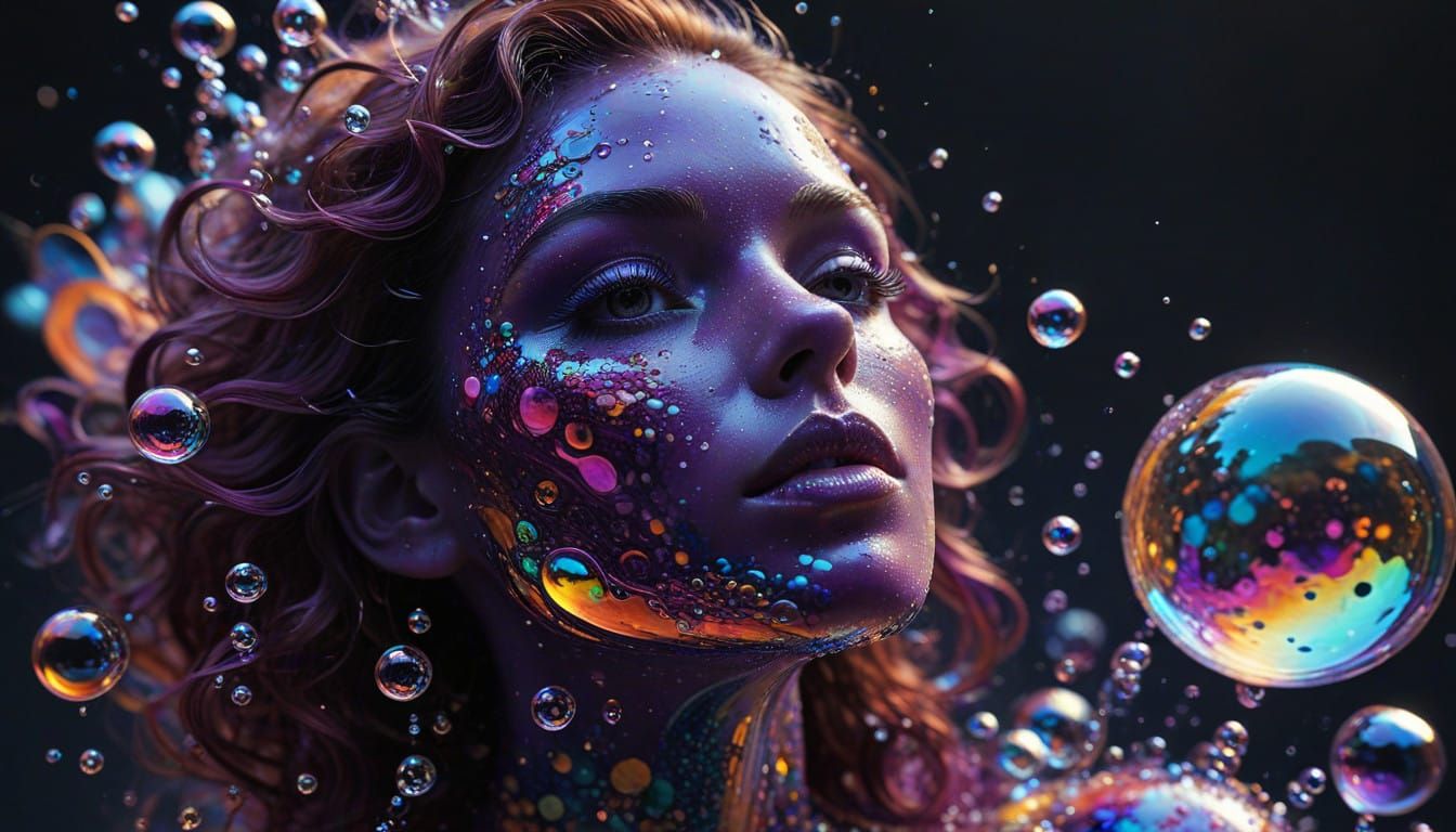 Iridescent Bubble Landscape with Emerging Woman