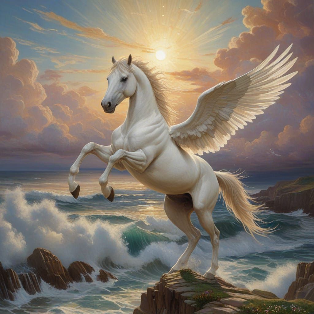 Ethereal Pegasus Soars Through Celestial Clouds in Dreamy, I...