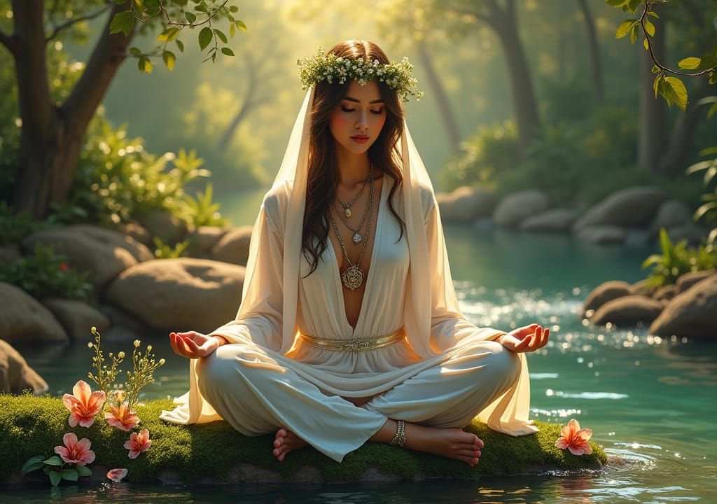 Serene Arabian Lady in Forest Stream, Dreamlike Scene