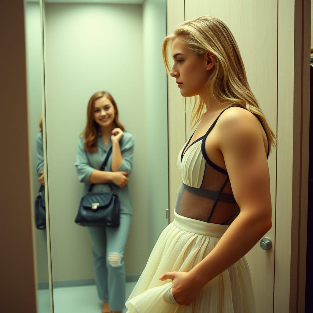 Elegant Young Man in Whimsical Dressing Room Scene
