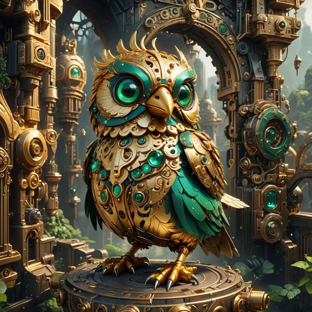 Golden Mechanical Bird with Emerald Eyes