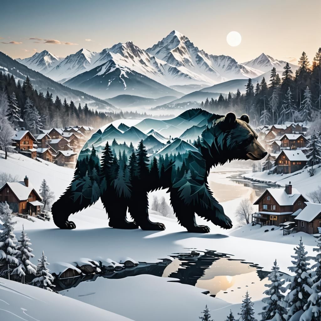 Fractal Bear Silhouette Over Winter Village Scene by Dawn