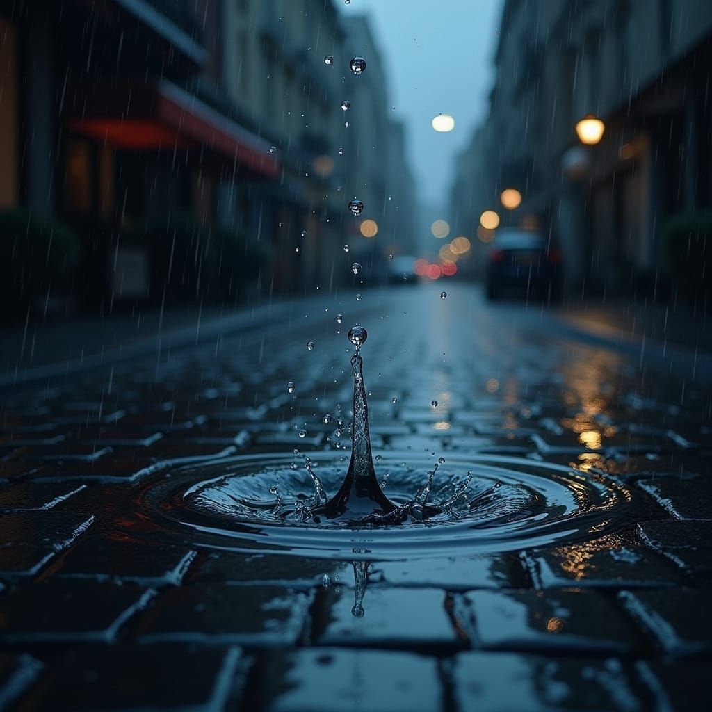 Raindrop Splash in Puddle on Cobblestone Street