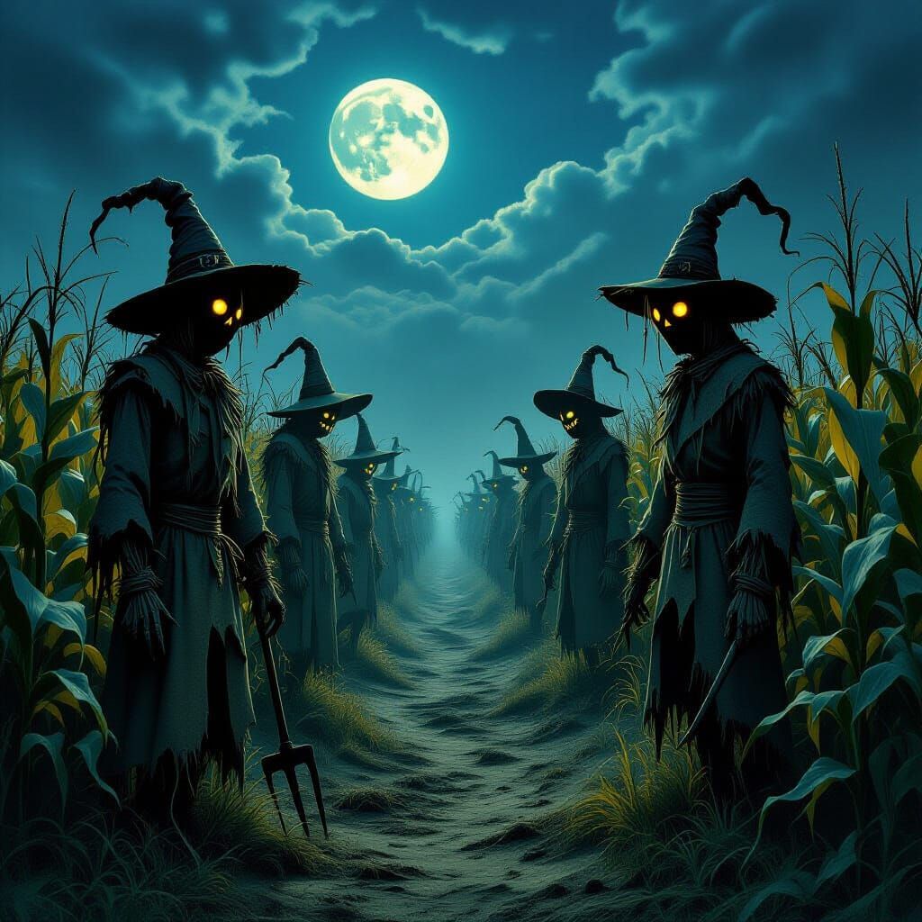 Terrifying Scarecrow Alley in Moonlit Cornfield