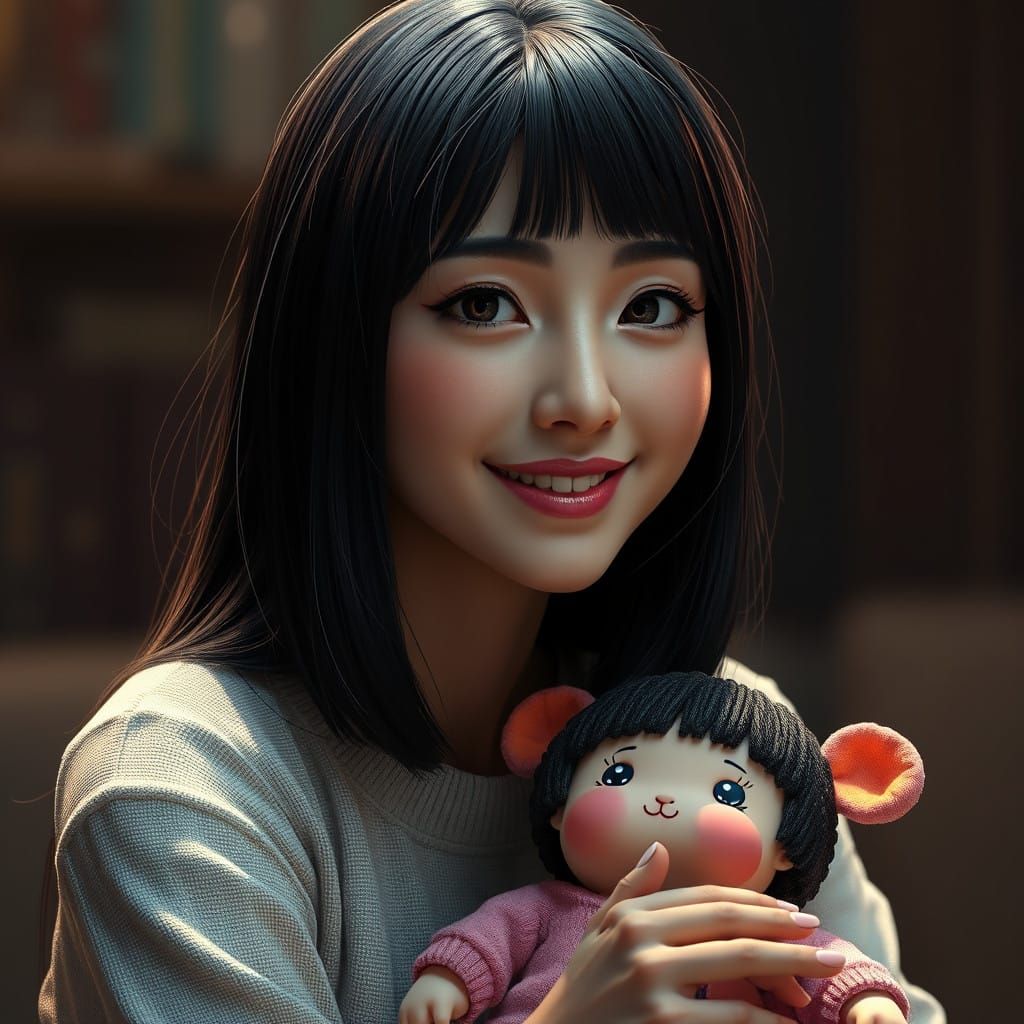 Glamorous Woman Holding a Baby Doll in Elegant 8K Portrait