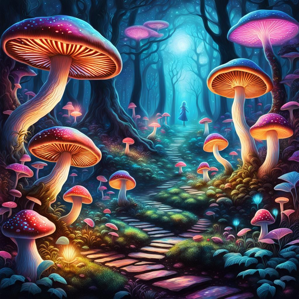 Enchanted Forest with Glowing Mushrooms, Astral Illustration