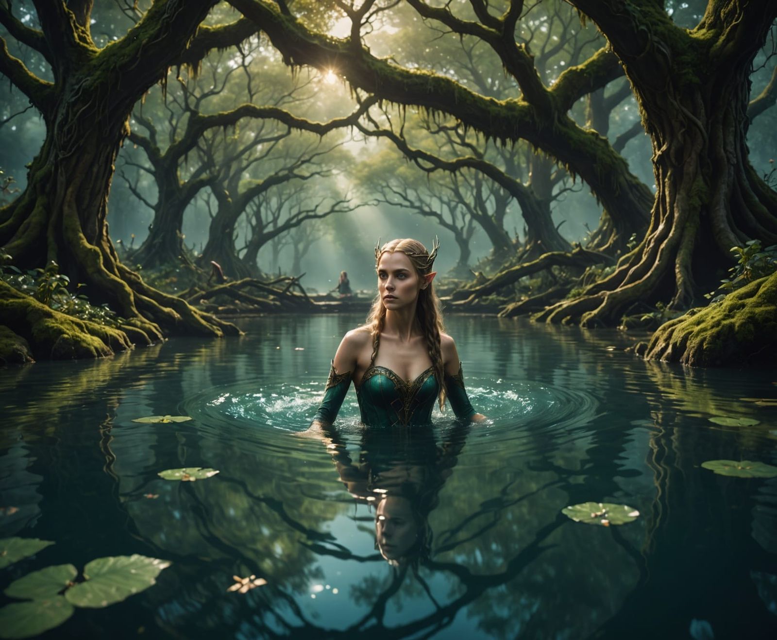 Elven Princess in Dramatic Oak Forest Pool