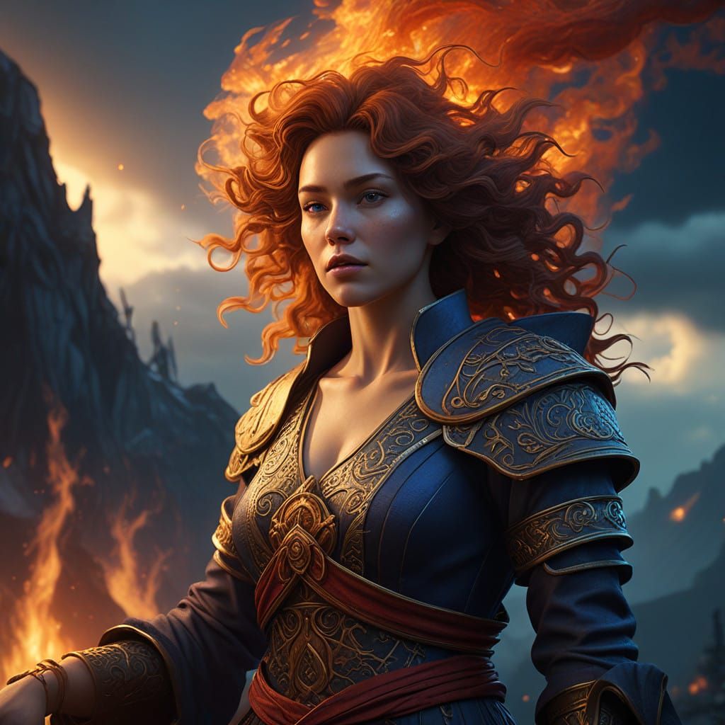 Determined Fantasy Woman Ignites Burning Pyre