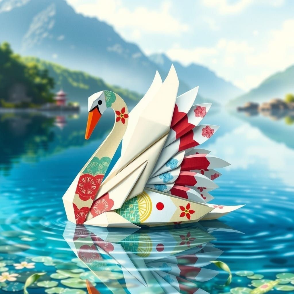 Origami Swan Floating on Crystal Lake: Watercolor Style