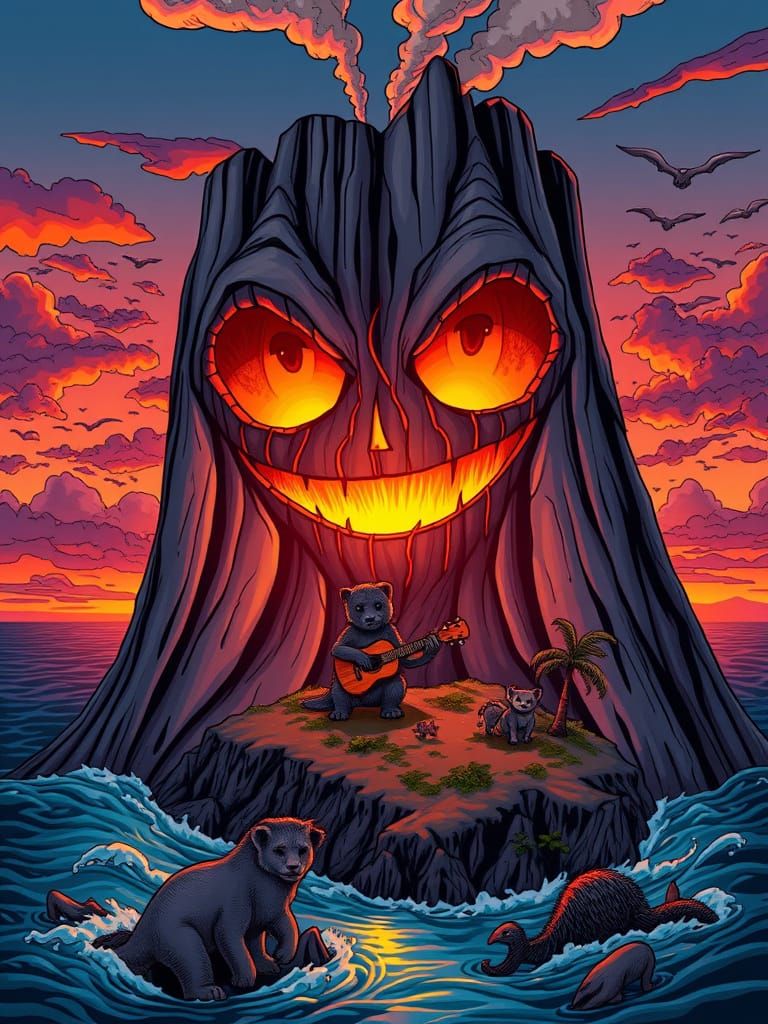 Anthropomorphic Volcano Island Plays Ukulele at Sunset