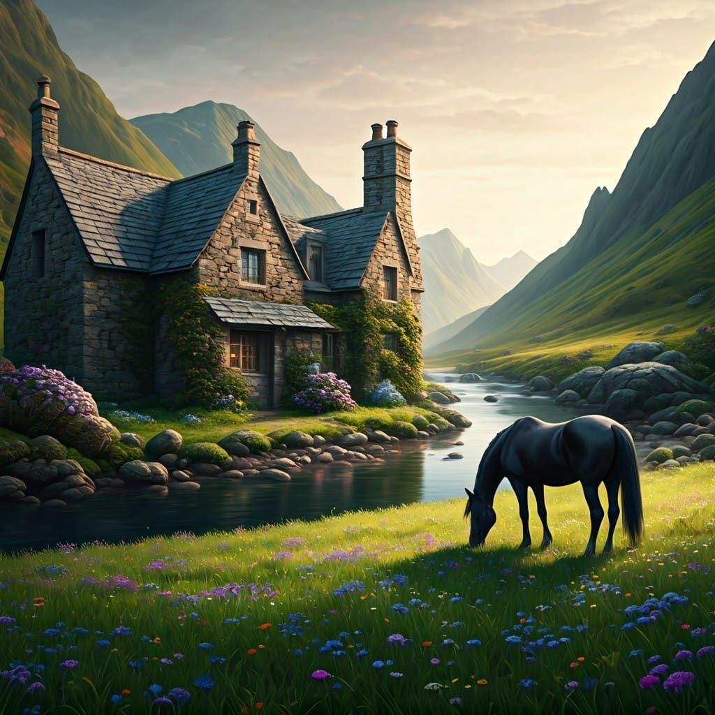 Majestic Black Horse in a Lush River Valley Landscape