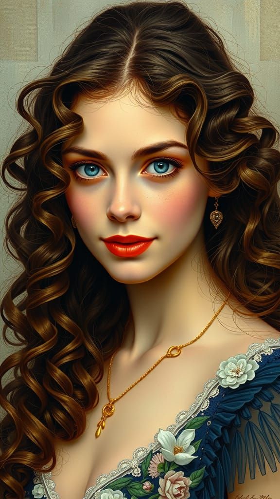 Elegant Woman with Captivating Smile, in Art Nouveau Style