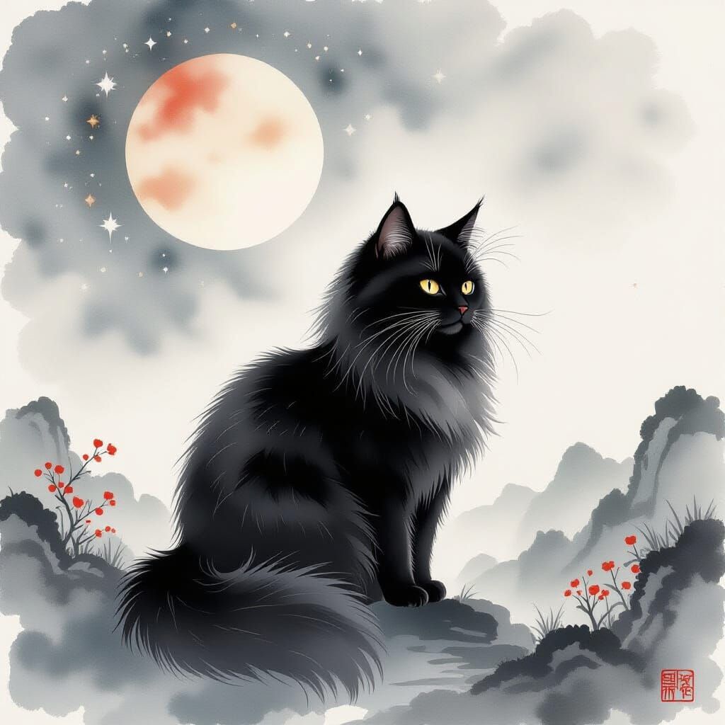 Chinese Watercolor Black Cat with Celestial Ink