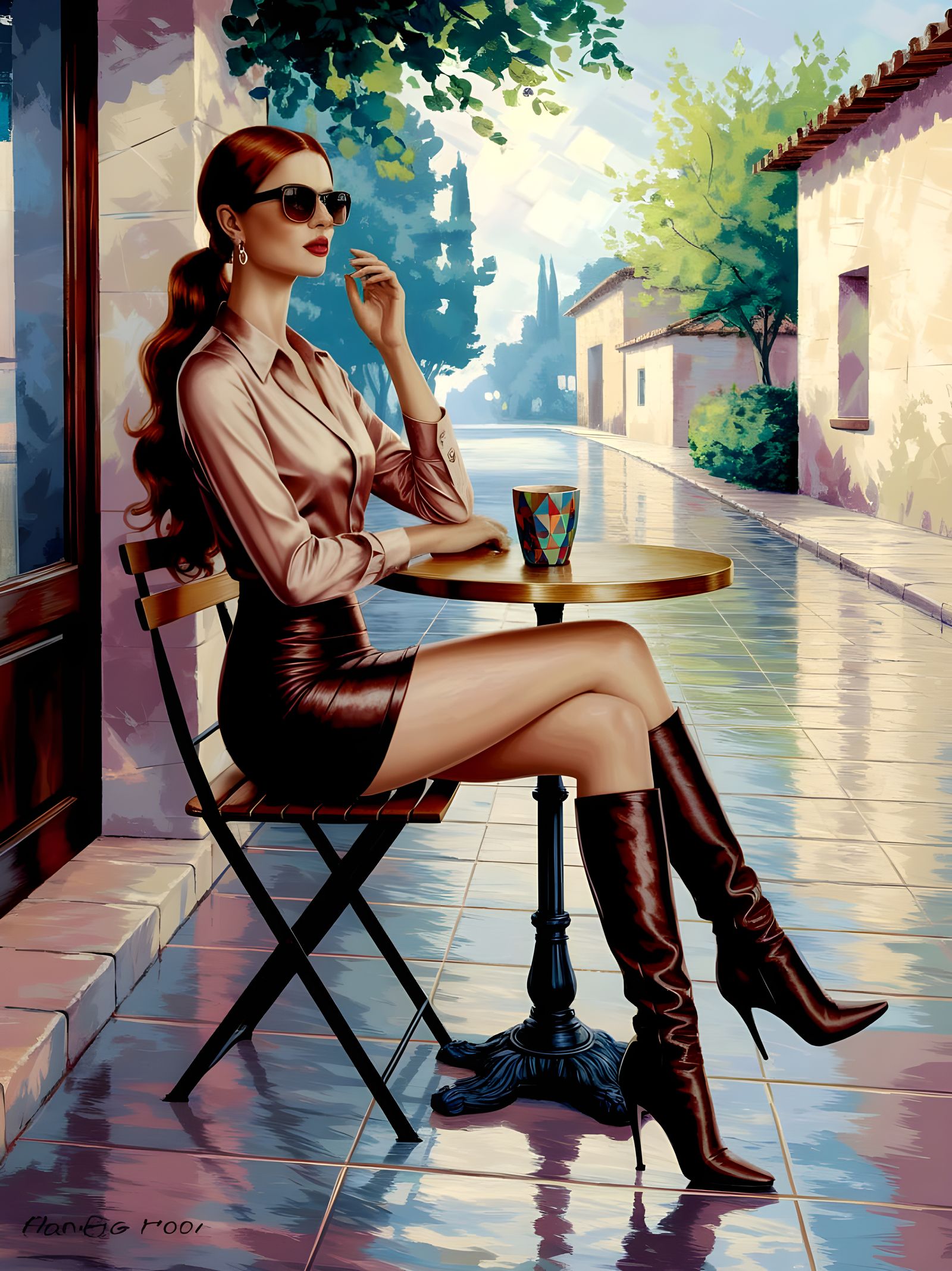 Elegant Woman at Cafe, Oil Painting in Royo Style