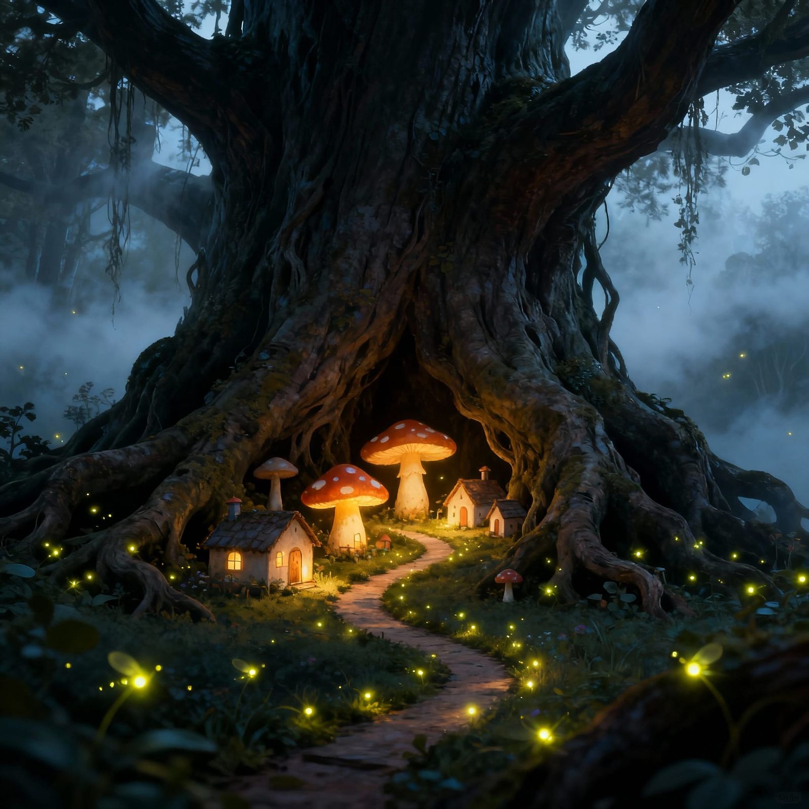Enchanting Mushroom Village Among Ancient Tree Roots