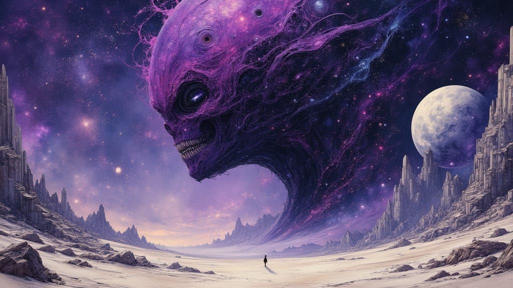 Cosmic Entity Over Alien Planet in Sci-Fi Style