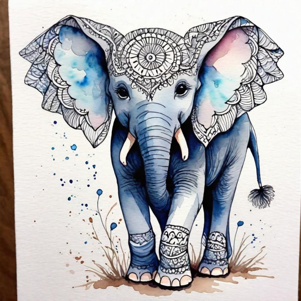 Watercolor Zentangle Doodle of an Elephant Calf