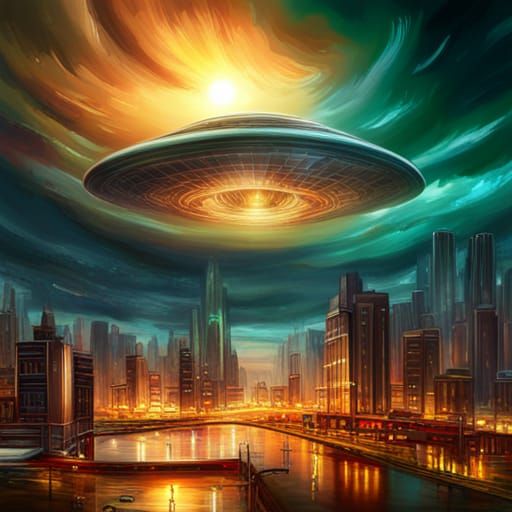 Giant UFO Over Panicked Town in Digital Art