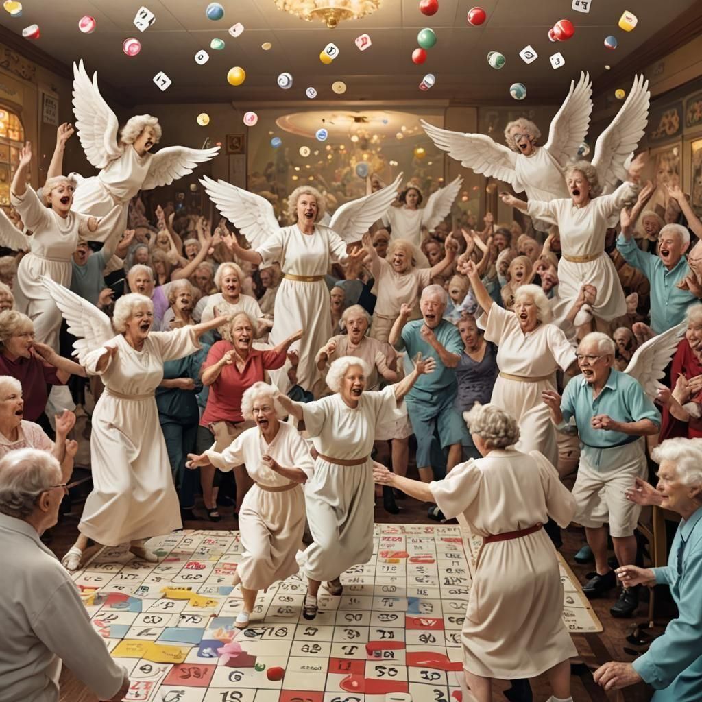 A Whimsical image of Angels stepping in to calm down a chaotic bingo brawl among elderly players in Heaven's bingo hall,...