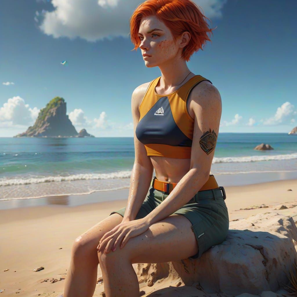 Ginger Haired Woman on Beach: Fantasy Concept Art