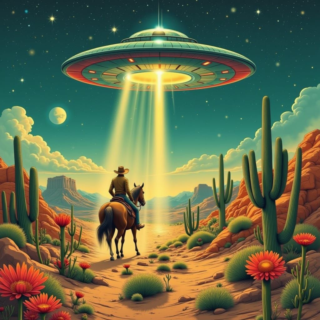 Cowboy Under UFO in Surreal Desert Landscape