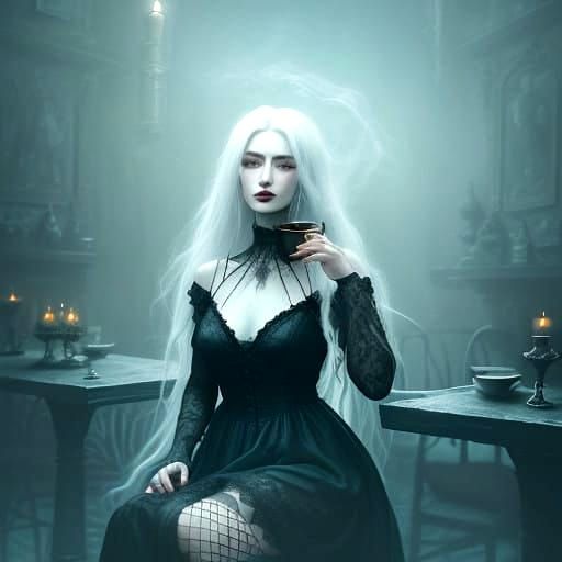 Goth Fashion Model in Mysterious Coffee Shop