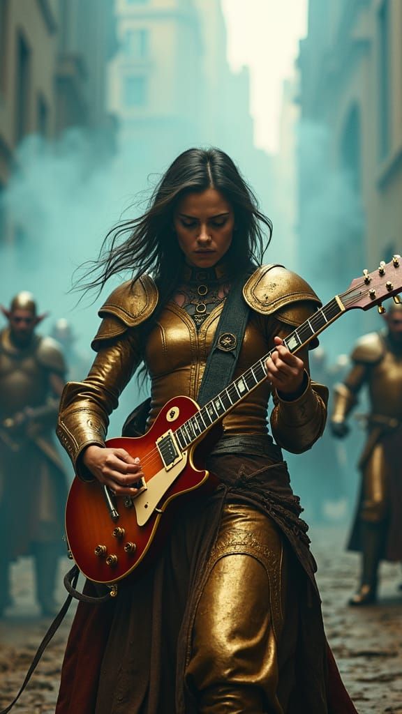 Golden Maiden Fends Off Goblins with Guitar