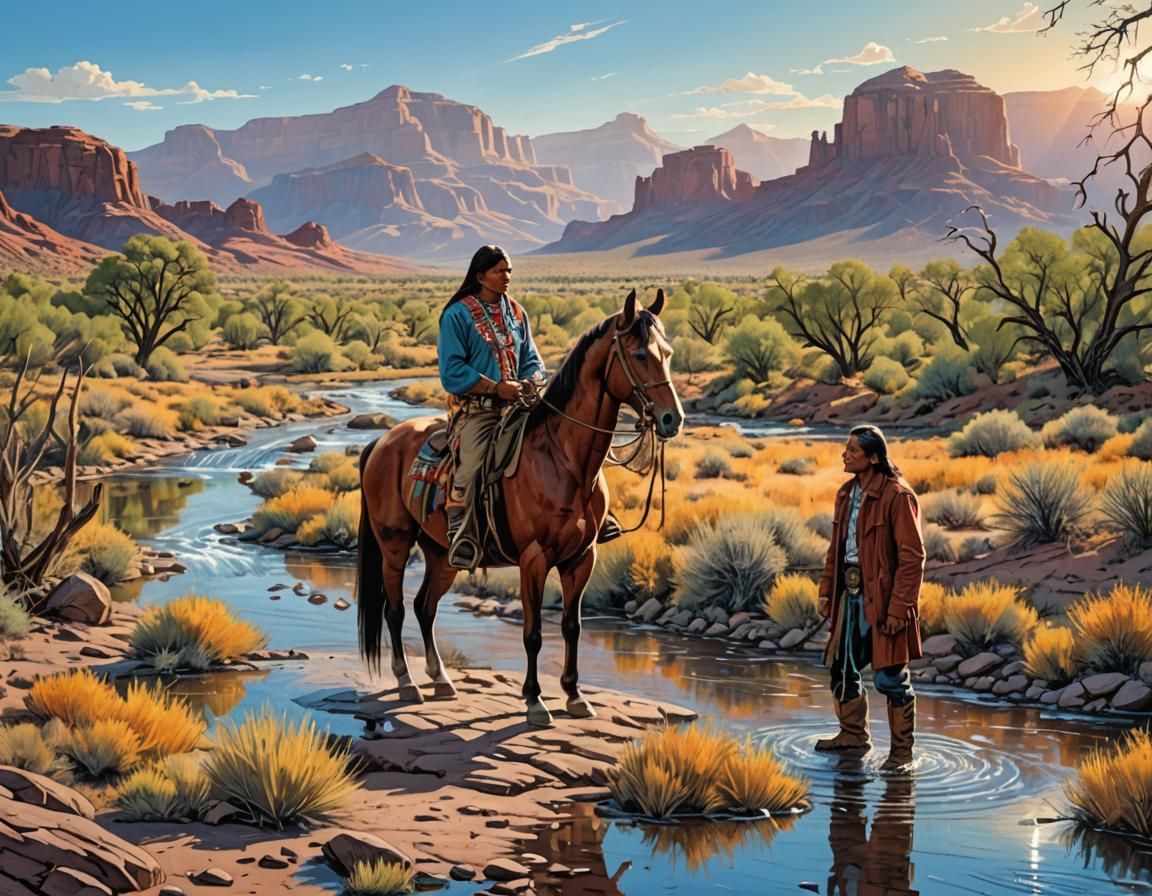 Native American and Horse by Arizona Creek in Comic Art