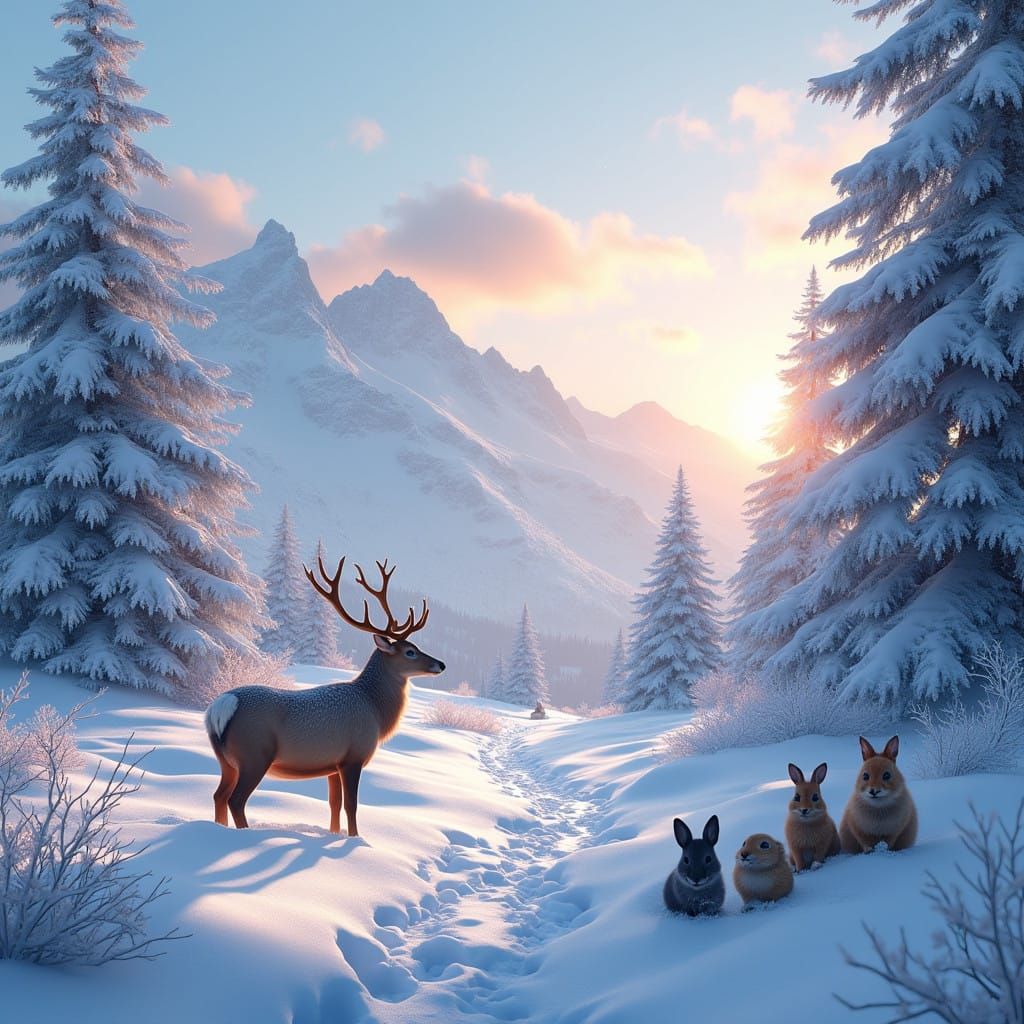 Winter Wonderland Scene with Majestic Deer and Frosted Pine....