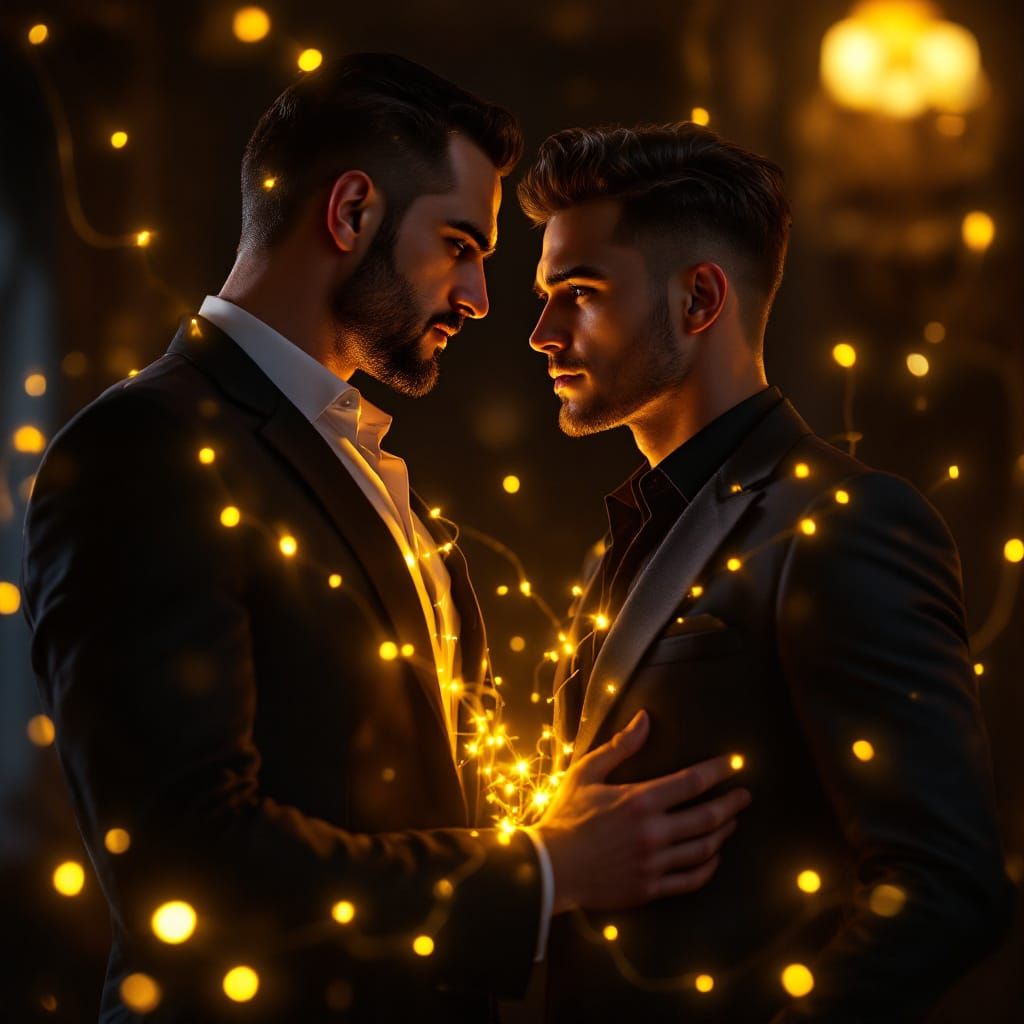 Romance novel cover, tasteful, LGBT. A 30s dominant Italian ...