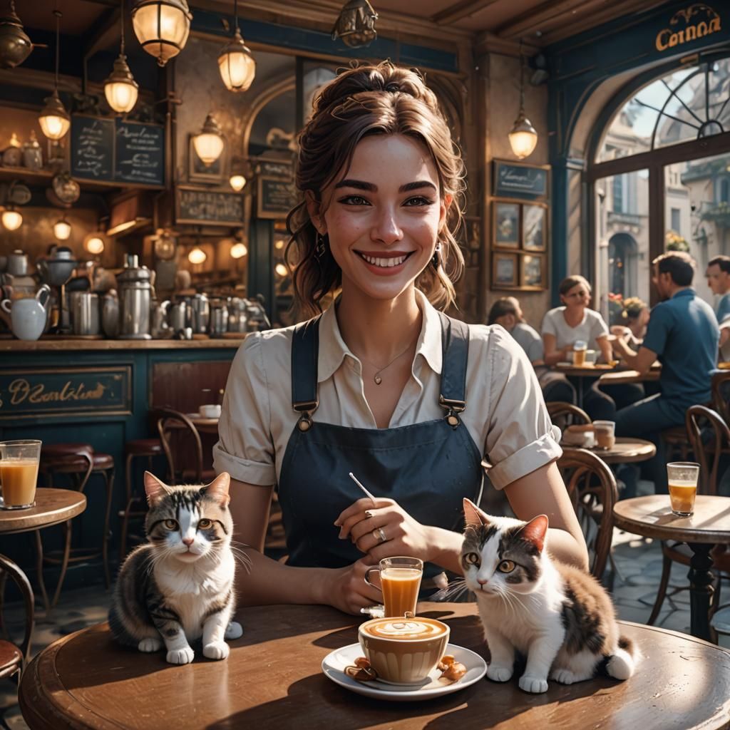 Girl and Cat in French Cafe: Detailed Matte Painting