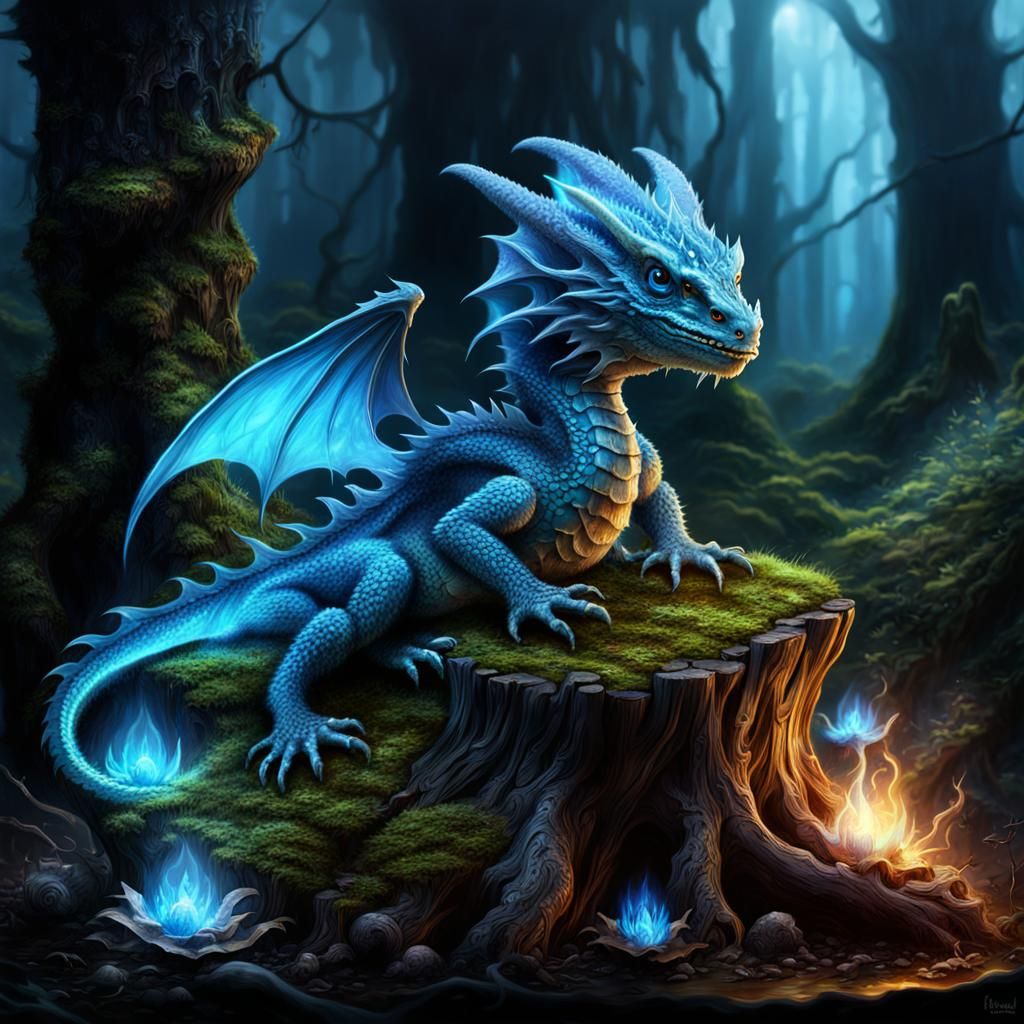 Blue Fire Hatchling in Fantasy Mushroom Grotto