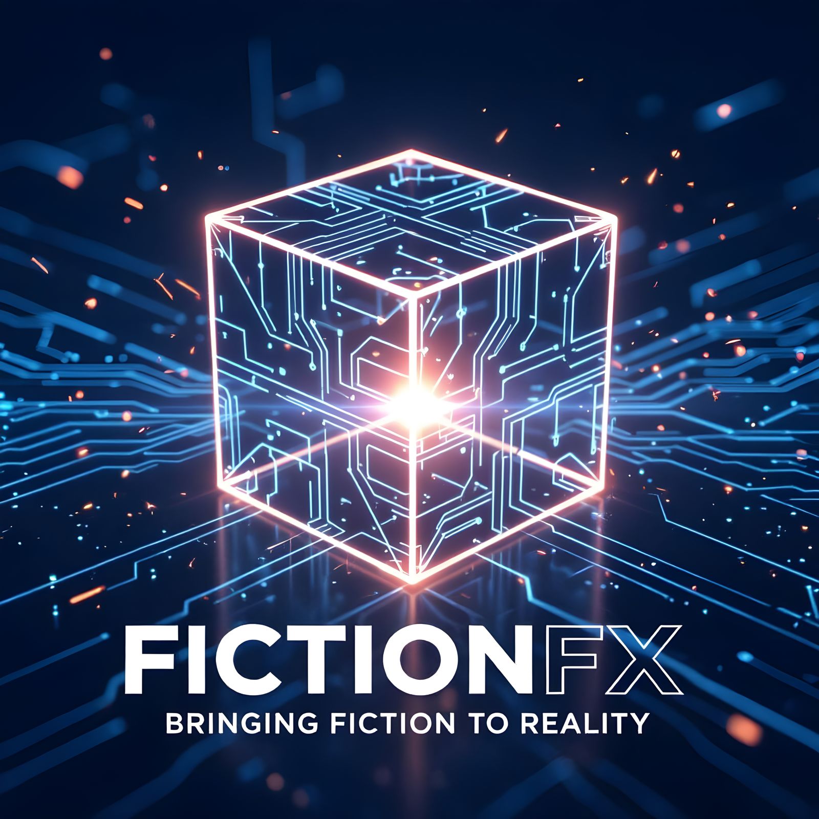 Sleek Sci-Fi Tech Logo with Glowing Wireframe Cube