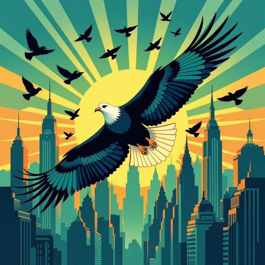 Pigeons Form Eagle in Art Deco Cityscape