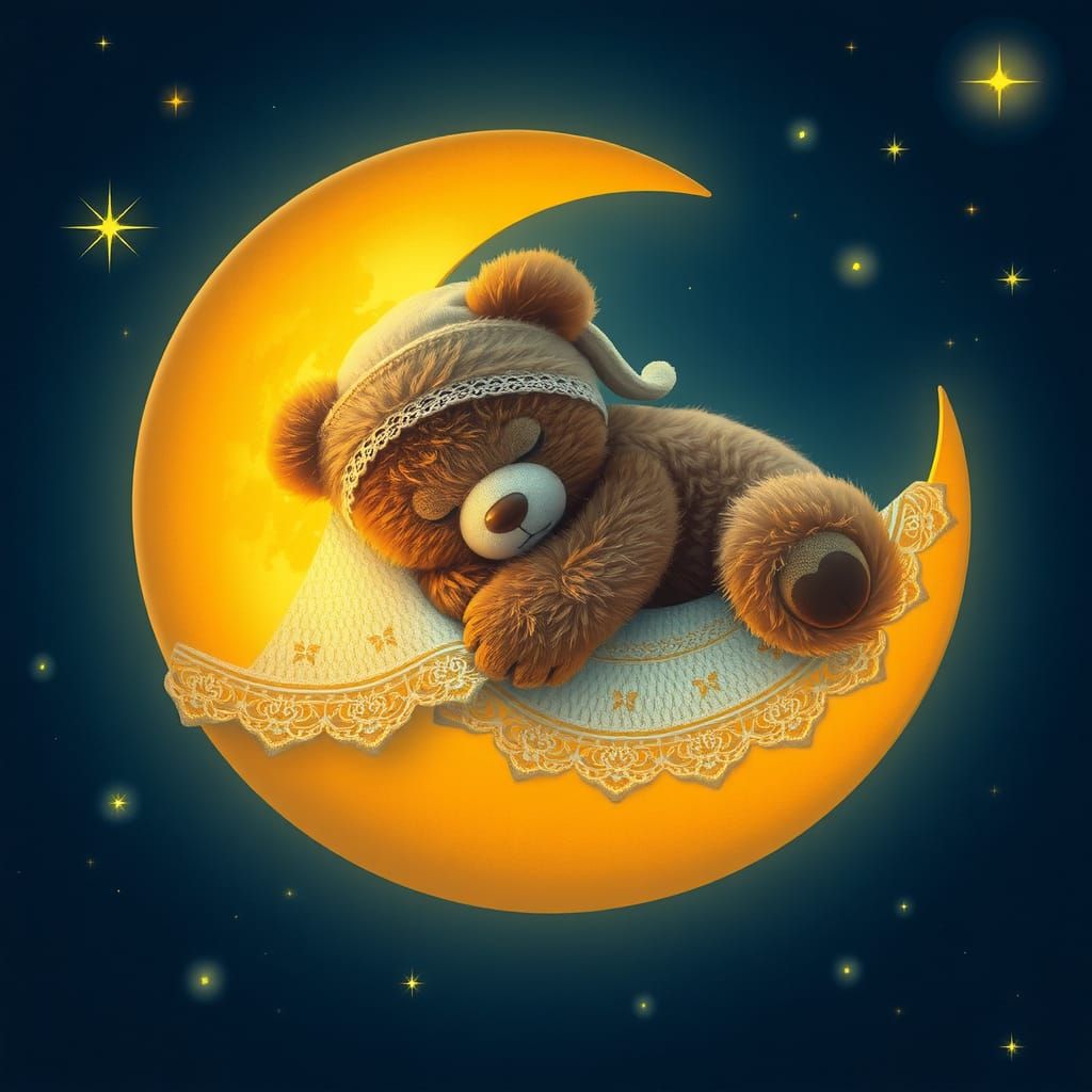 Teddy Bear Sleeping on Moon in Rustic Fantasy Style