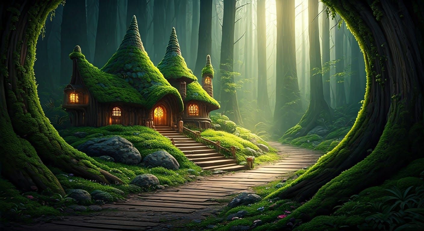 Gnome Village in Misty Forest: Detailed Matte Painting