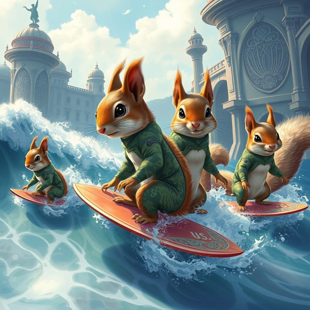 Surreal Surfing Squirrels in Whimsical Art Nouveau Style