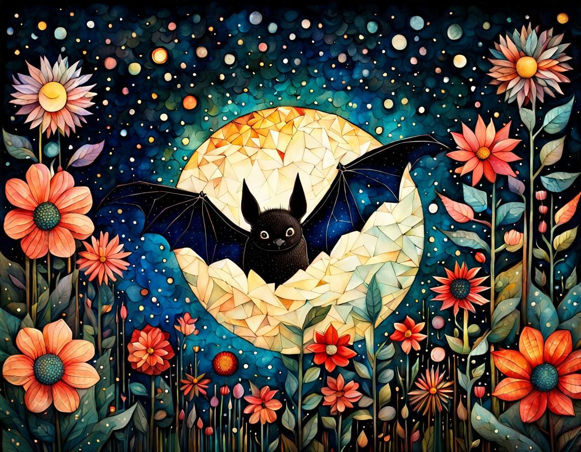 Cute Bat in Flower Garden: Whimsical 3D Art